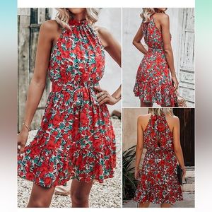 Summer Halter Neck Dress Floral Polka Dot Leopard Print Ruffle Sundress size XL
